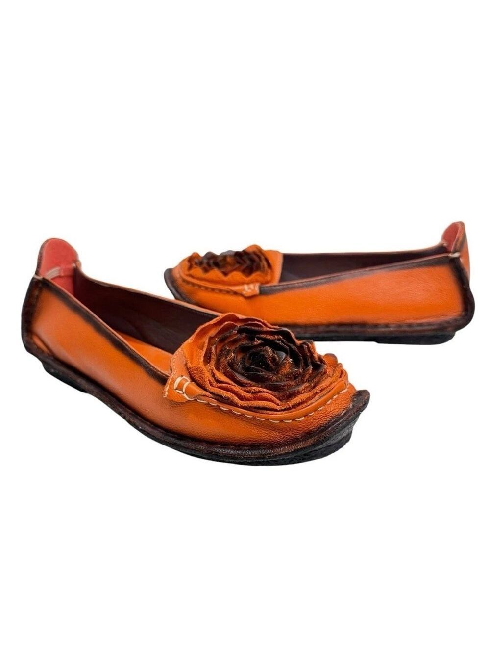 Spring Step L'Artiste Dezi Orange Leather Floral Rose Loafer Flats W's 38/7.5